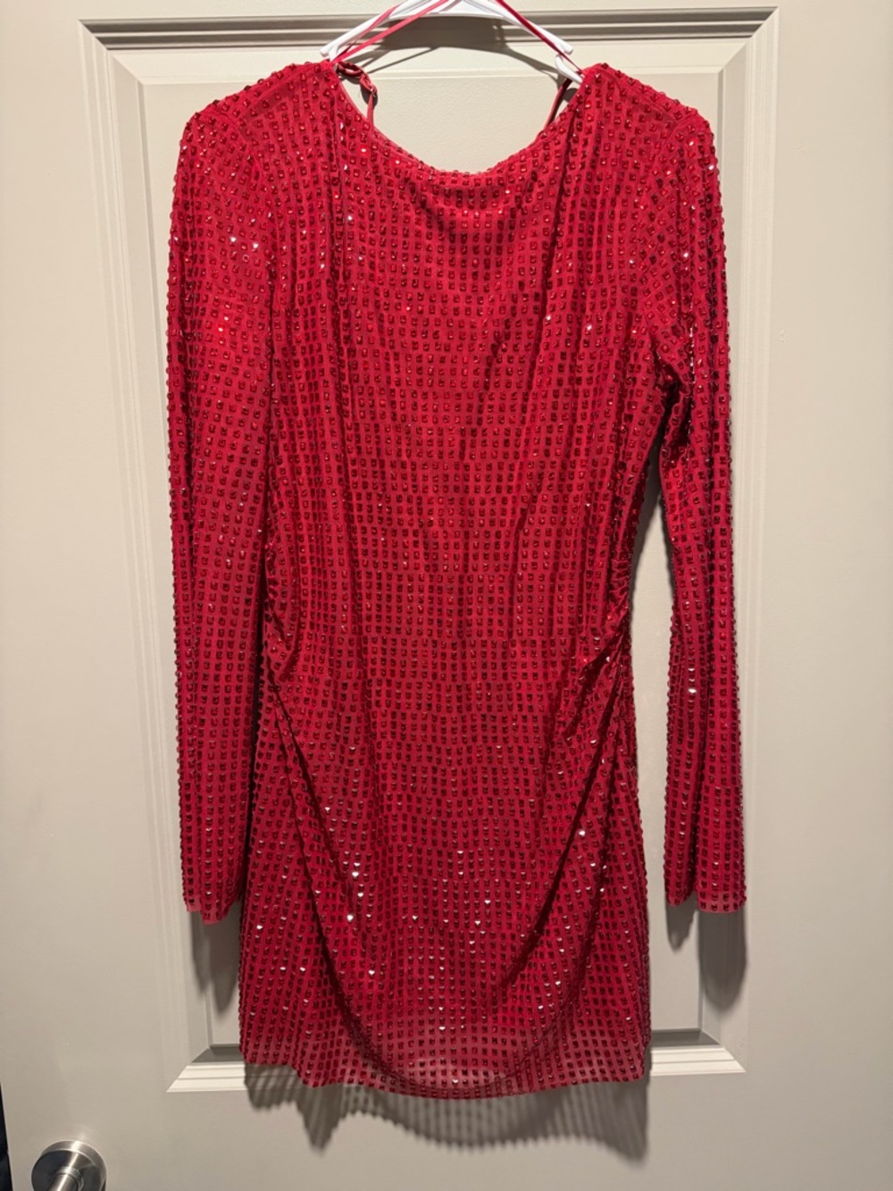 New Zara size Medium Red Rhinestone Long-Sleeve Open-Back Tulle Mini Dress - Picture 5 of 8